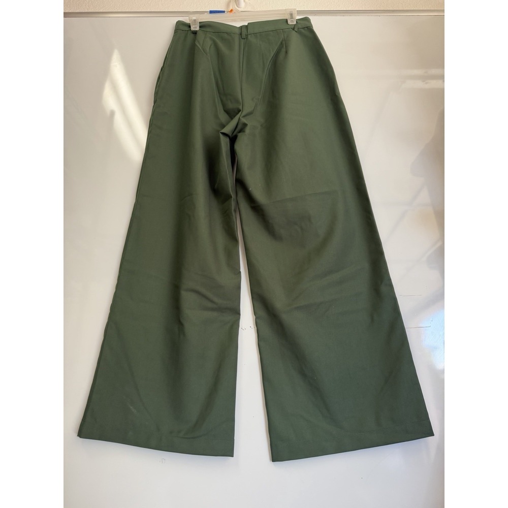Women's Trendy Olive Wide Leg Trousers Minimalist Casual Tailored Pants L - Picture 3 of 8